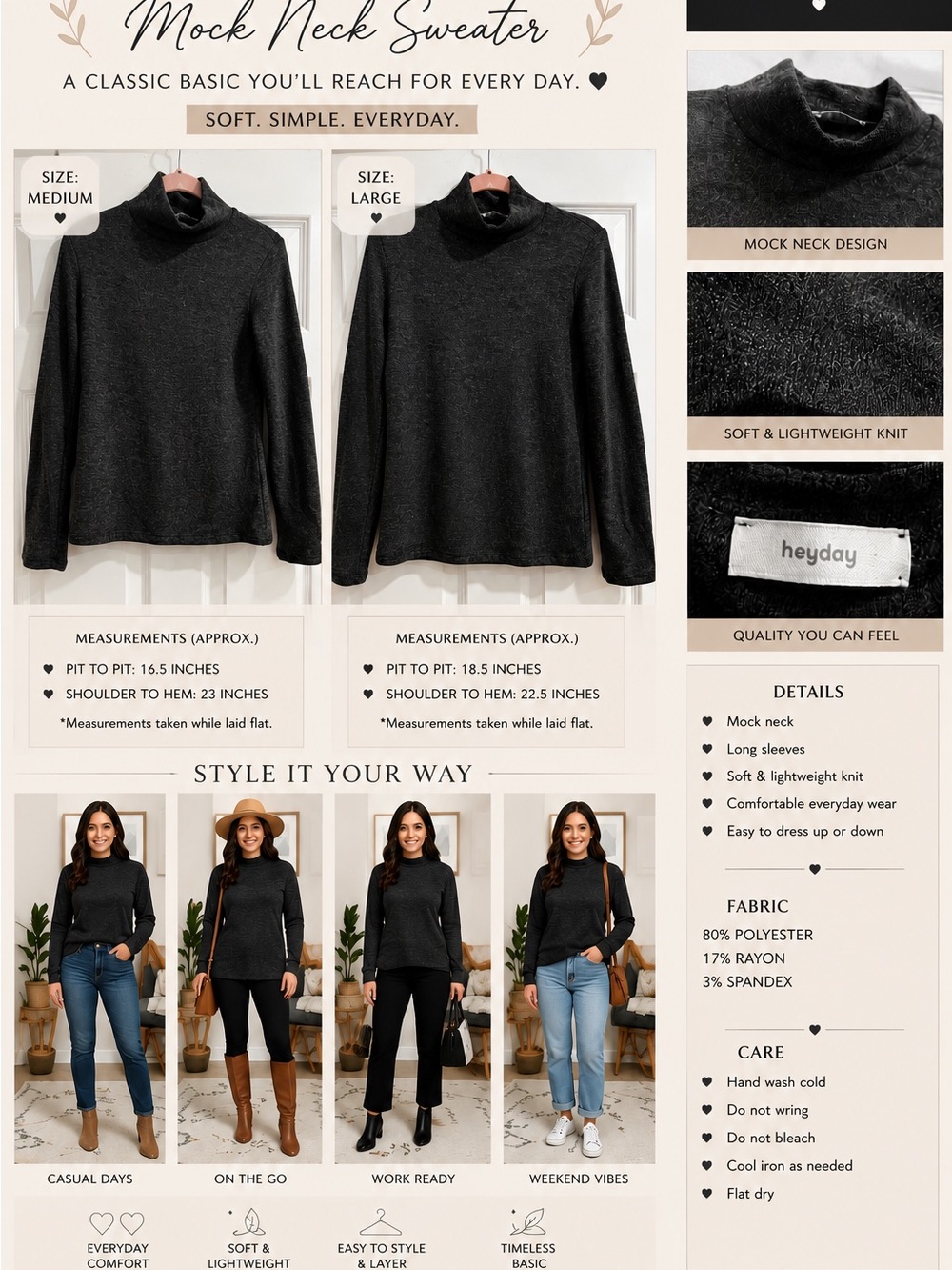 heyday Black Mock Neck Sweater - Lightweight Long Sleeve